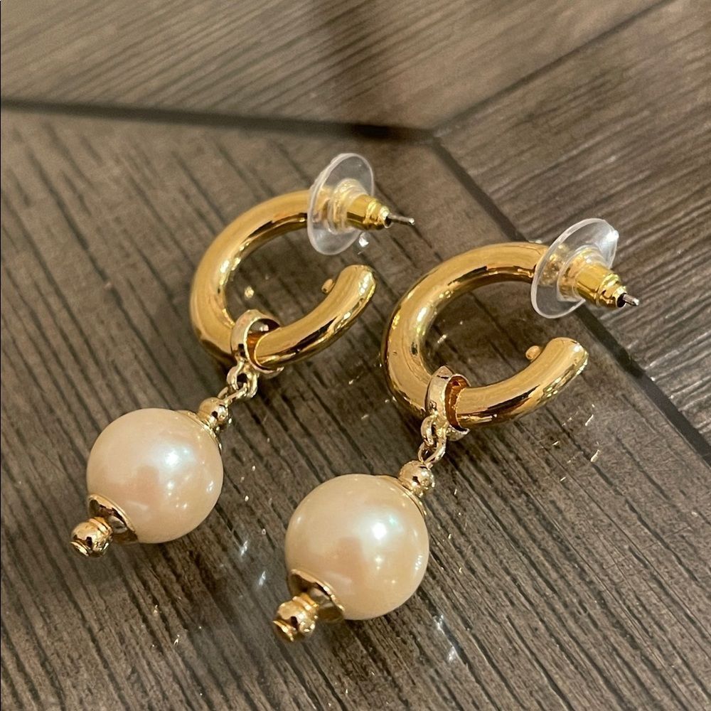 Vintage Gold-tone Hoops with Faux Pearl Charms- Drops - Picture 16 of 16